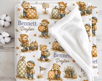 Checkered Pumpkin Patch Baby Blanket Personalized Newborn Farmhouse Pumpkin Nursery Gift Baby Boy First Fall Autumn Baby Shower Keepsake