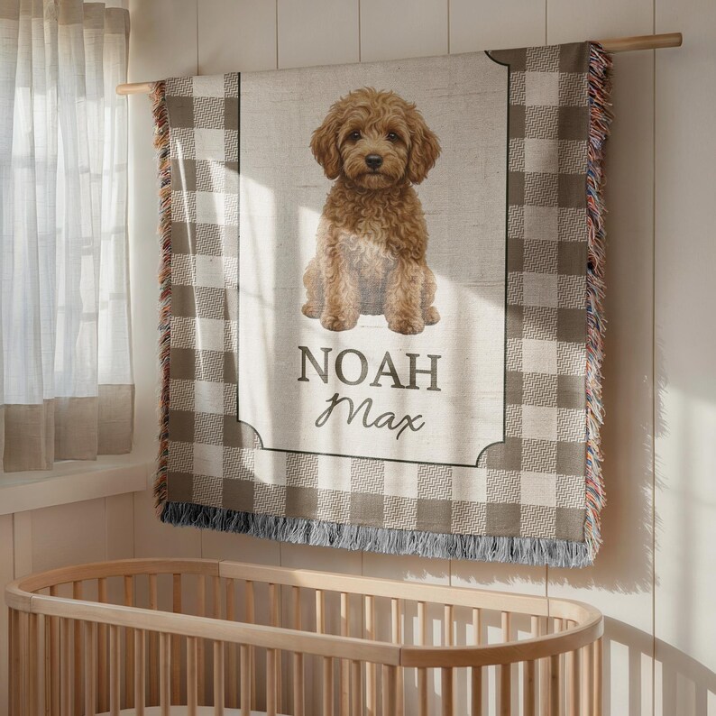 May include: A personalized throw blanket featuring a brown dog illustration. The blanket has a light background with the name "NOAH Max" printed in black. The border is a gray and white checkered pattern with fringe.