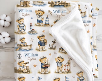 Personalized Nautical Baby Blanket, Custom Name Sailor Teddy Bear Quilt, Sailing Family Baby Boy Gift, Coastal Nursery Keepsake