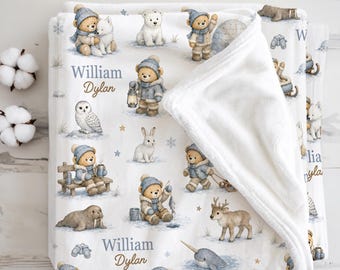 Personalized Arctic Animals Baby Blanket Newborn Boy Gift Winter Wildlife Nursery Throw Polar Animal Baby Shower Snowy Baby Gift