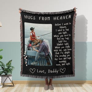 Personalized Memorial Blanket Dad, A Hug From Heaven Blanket, Loss of Parent Bereavement Gift Custom Photo Blanket Loss of Father Gift