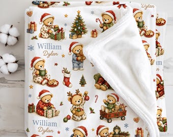 Personalized First Family Christmas Baby Blanket, Custom Teddy Bear Quilt, Christmas Morning Baby Boy Gift, Cozy Holiday Keepsake