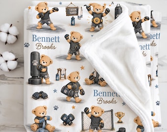 Manta personalizada de artes marciales mixtas para bebé, recuerdo de artes marciales para la habitación del bebé niño, osito de peluche deportivo para recién nacido, regalo para baby shower
