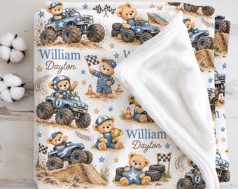 Manta personalizada de Monster Truck para bebé, decoración infantil de Monster Truck para niño, osito de peluche personalizado con nombre y camión, recuerdo para recién nacido, regalo para baby shower