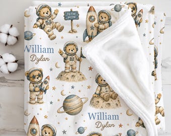 Space Baby Blanket Personalized Newborn Teddy Bear Galaxy Rocket Nursery Outer Space Blanket Astronaut Baby Shower Gift Boy Toddler Blanket