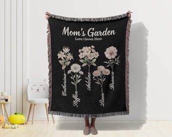 Custom Mom Garden Blanket with Kids Names - Shabby Chic Personalized Birth Flower Gift Mother’s Day Blanket Birth Month Flower Throw for Her
