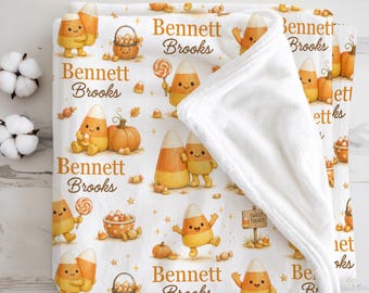 Personalized Candy Corn Baby Blanket, Cute Halloween Nursery Gift, First Halloween Keepsake, Fall Baby Shower Present for Newborn