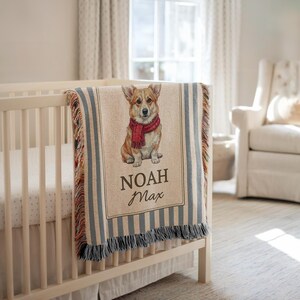 Manta personalizada de Pembroke Welsh Corgi, regalos personalizados para amantes de los perros, manta azul a rayas para bebés, colcha para cachorros y guardería canina.