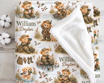 Duck Hunting Baby Blanket Personalized Mallard Duck Nursery Hunting Baby Shower Gift Hunting Dog Baby Boy Teddy Bear Camo Newborn Blanket