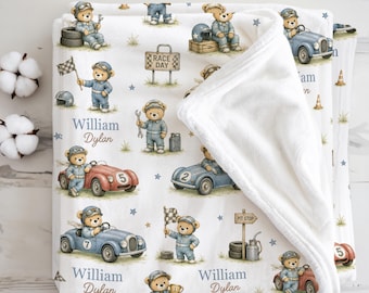 Personalized Race Car Baby Blanket, Vintage Racing Nursery Gift for Baby Boy, Newborn Little Racer Baby Shower Present Toddler Boy Gift