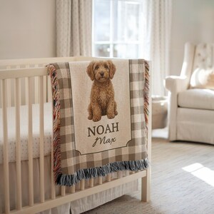 Custom Goldendoodle blanket created as a thoughtful baby shower gift or dog mom gift, featuring personalized dog name detail. This dog baby blanket is a meaningful keepsake for newborns and toddlers, making it a perfect puppy blanket or first birthday gift for families who love Goldendoodles and want a unique, personal touch.
