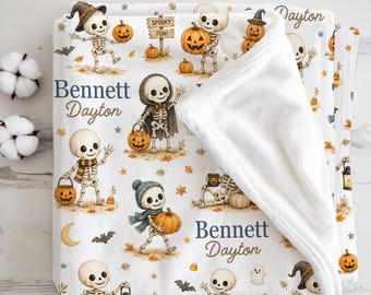 Pumpkin Skeleton Baby Blanket Trick or Treat Neutral Halloween Nursery Decor, Cute Skeleton Newborn Gift Spooky First Halloween Keepsake