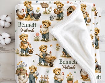 Manta personalizada para bebé con diseño de gallina de corral, regalo para recién nacido niño con osito de peluche y temática de granjero, recuerdo para baby shower con temática de granja campestre.