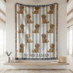 Personalized Goldendoodle Dog Baby Blanket Custom Name Dog Throw Boys Blue Striped Nursery Puppy Lover Goldendoodle Gift for Baby Shower image 3