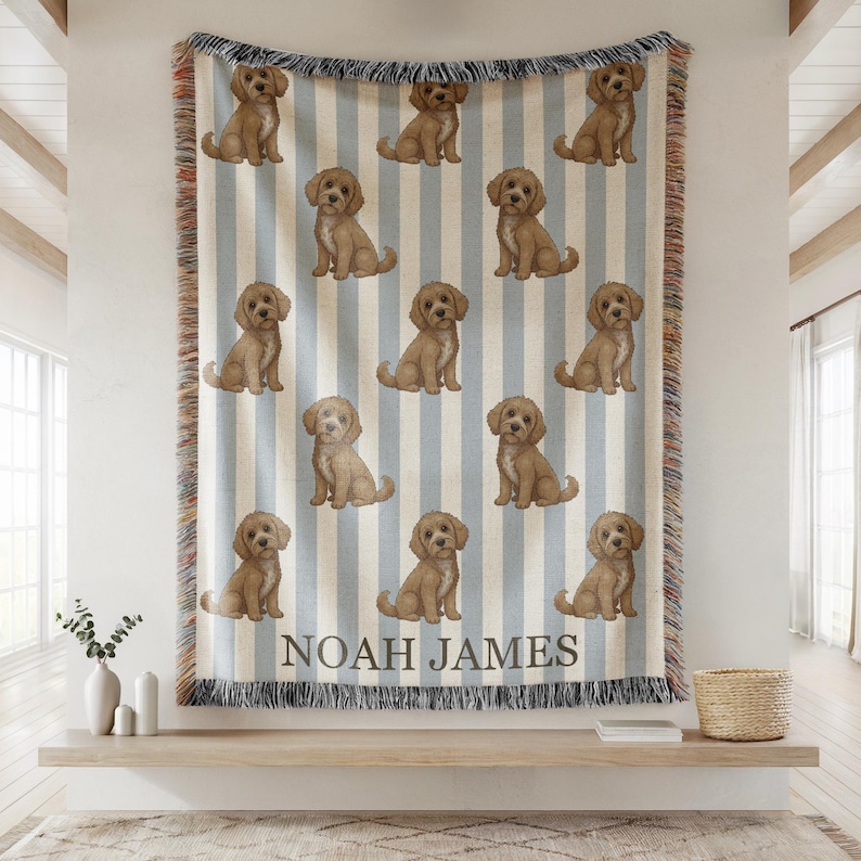 Personalized Goldendoodle Dog Baby Blanket Custom Name Dog Throw Boys Blue Striped Nursery Puppy Lover Goldendoodle Gift for Baby Shower image 3