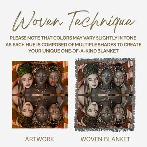 K&ouml;nnte beinhalten: Bild, das Kunstwerk und eine gewebte Decke vergleicht. Das Kunstwerk zeigt drei Frauen mit Kopft&uuml;chern und Schmuck. Die gewebte Deckenversion zeigt dasselbe Bild. Text lautet "Woven Technique" und "Artwork" und "Woven Blanket".