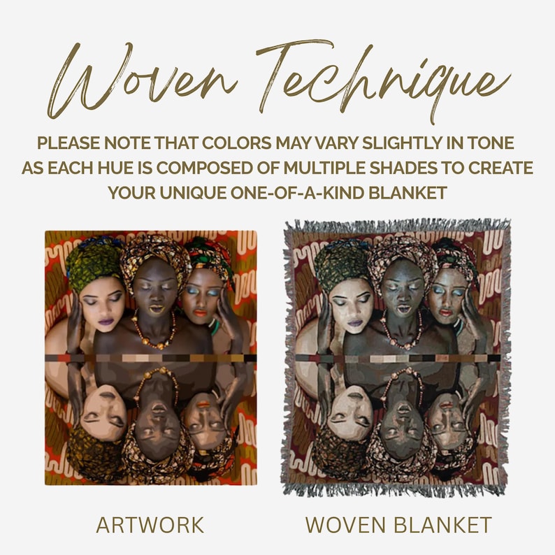 K&ouml;nnte beinhalten: Bild, das Kunstwerk und eine gewebte Decke vergleicht. Das Kunstwerk zeigt drei Frauen mit Kopft&uuml;chern und Schmuck. Die gewebte Deckenversion zeigt dasselbe Bild. Text lautet "Woven Technique" und "Artwork" und "Woven Blanket".