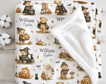 Personalized First Halloween Baby Blanket Newborn Teddy Bear Quilt, Baby Boy Trick or Treat Throw Fall Spooky Season Nursery Keepsake