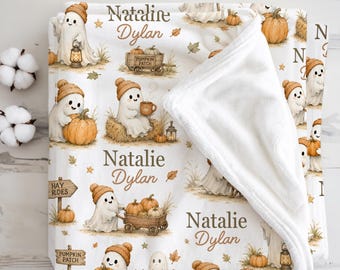 Ghost Baby Blanket Personalized Ghost Pumpkin Patch Newborn Girl Gift Spooky Fall Nursery Cozy Autumn Baby Shower, First Halloween Keepsake