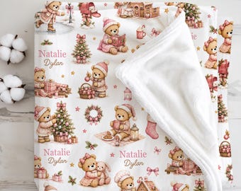 Personalized Pink Christmas Baby Blanket Newborn Girl Teddy Bear Christmas Throw, Baby Girl Holiday Nursery Gift, First Christmas Blanket