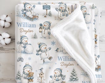 Personalized Snowman Christmas Baby Blanket, Winter Nursery Gift for Baby Boy, First Christmas Newborn Keepsake, Holiday Baby Shower Present