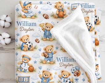 Manta deportiva de osito de peluche personalizada para bebé niño, regalo de baby shower de béisbol, fútbol y osito de peluche para guardería.