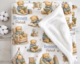 Manta personalizada para bebé amante de los libros, regalo para recién nacido niño, pequeño lector, guardería, primera biblioteca para bebés, recuerdo para baby shower de niño a la hora del cuento
