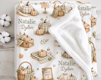 Personalized Pumpkin Baby Blanket Newborn Girl Fall Nursery Gift, Gingham Little Pumpkin Baby Shower Keepsake, Baby’s First Autumn Gift