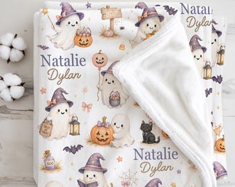 Pastel Ghost Baby Blanket Personalized Trick or Treat Halloween Witchy Newborn Girl Gift Spooky Nursery Baby Shower First Halloween keepsake