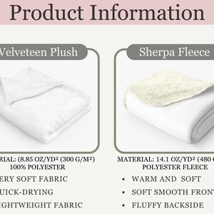 May include: Two white blankets, one made of velveteen plush and the other made of sherpa fleece. The velveteen plush blanket is 8.85 oz/yd&sup2; (300 g/m&sup2;) and is 100% polyester. The sherpa fleece blanket is 14.1 oz/yd&sup2; (480 g/m&sup2;) and is made of polyester fleece. Both blankets are very soft and lightweight.