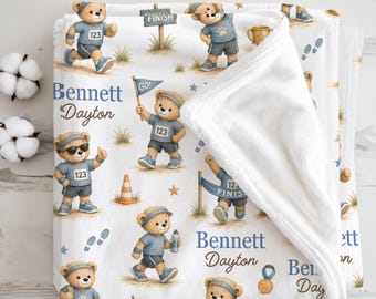 Personalized Running Baby Blanket, Little Runner Nursery Gift, Marathon Family Newborn Keepsake, Country Runner Baby Shower Present