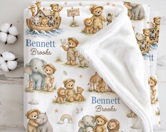 Personalized Noah’s Ark Baby Blanket Christian Nursery Gift, Baptism Bible Story Newborn Keepsake Faith Baby Shower Gift for Baby Boy