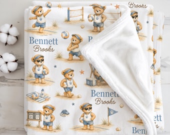 Beach Volleyball Baby Blanket Personalized Volleyball Nursery Gift for Baby Boy, Newborn Teddy Bear Sports Nursery Baby Shower Present