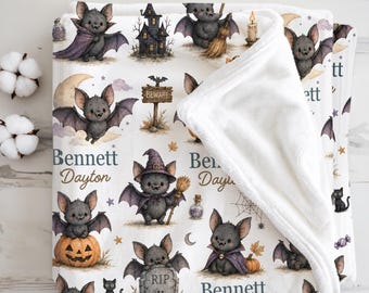 Personalized Baby Bat Blanket, Witchy Halloween Baby Gift Bat Goth Nursery Decor First Halloween Keepsake for Baby Boy, October Newborn Gift
