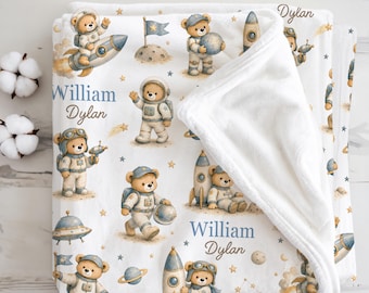 Personalized Space Baby Blanket Newborn Teddy Bear Galaxy Rocket Nursery Outer Space Blanket Astronaut Baby Shower Gift Boy Toddler Blanket