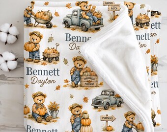 Personalized Pumpkin Patch Baby Blanket, Vintage Truck Fall Nursery Gift, Little Farmer First Fall Keepsake for Baby Boy