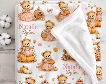 Pumpkin Princess Baby Blanket Personalized Fairytale Fall Nursery Newborn Pink Pumpkin Baby Girl Keepsake, First Autumn Baby Shower Present