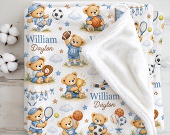Manta para bebé con osito de peluche deportivo, manta personalizada para recién nacido niño, regalo para baby shower, regalo para la nueva mamá, guardería con osito de peluche deportivo