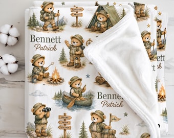 Manta personalizada para bebé con diseño de acampada, regalo para recién nacido niño pequeño explorador, recuerdo para la habitación del bebé niño con temática de acampada, regalo ideal para baby shower con temática de aventuras al aire libre.