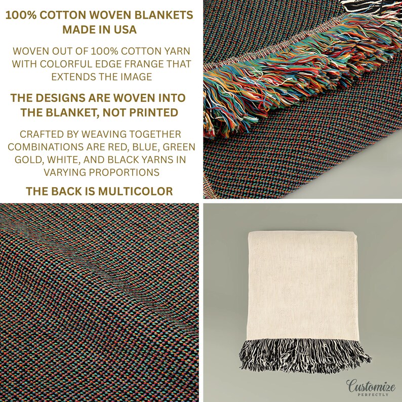 May include: A 100% cotton woven blanket made in the USA. The blanket features a textured weave of red, blue, green, gold, white, and black yarns. It includes a colorful edge fringe and a multicolor back. The text reads 100% COTTON WOVEN BLANKETS MADE IN USA.