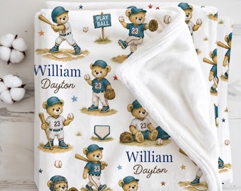 Manta de béisbol personalizada con osito de peluche, regalo deportivo para bebé niño recién nacido, pequeño jugador de béisbol, regalos de béisbol para baby shower con temática deportiva vintage.