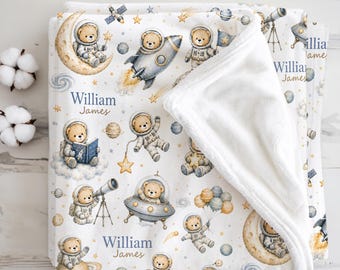 Custom Space Baby Blanket Teddy Bear Galaxy Rocket Nursery Custom Baby Blanket Born Baby Gift Outer Space Blanket Astronaut Baby Boy Blanket