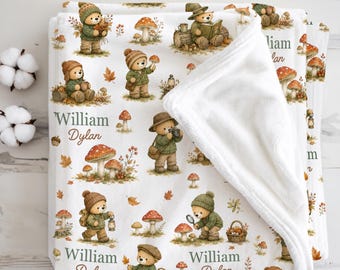 Personalized Mushroom Baby Blanket Newborn Teddy Bear Cottagecore Autumn Nursery Gift for Baby Boy Whimsical Mushroom Baby Shower Keepsake