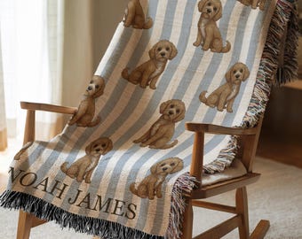 Personalisierte Goldendoodle Hund Baby Decke Name Hundeüberwurf Jungen Blau Gestreift Kinderzimmer Welpen Liebhaber Goldendoodle Geschenk für die Babyparty