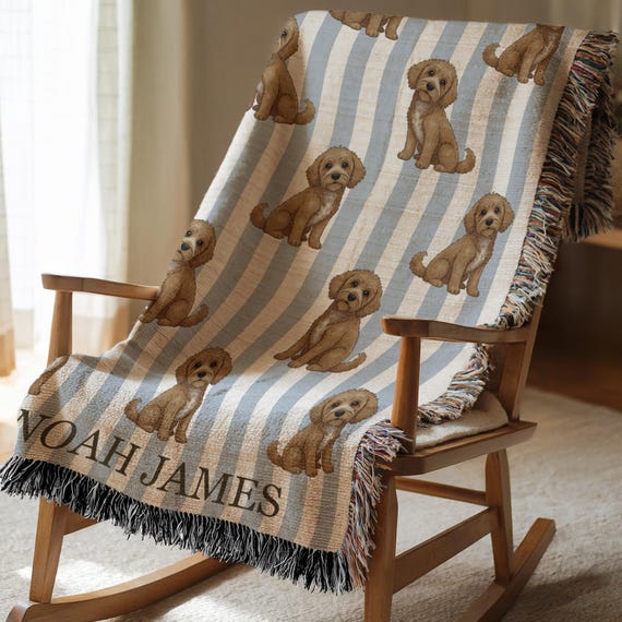 Personalized Goldendoodle Dog Baby Blanket Custom Name Dog Throw Boys Blue Striped Nursery Puppy Lover Goldendoodle Gift for Baby Shower