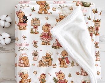 Personalized Gingerbread Baby Blanket Custom Name Sweet Gingerbread Girl Quilt Pink Christmas Baby Girl Nursery Gift First Christmas Blanket