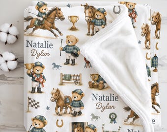 Manta para bebé de carreras de caballos, personalizada, para guardería de niña, con diseño de jinete recién nacida, recuerdo, regalo para baby shower para amantes de los caballos.