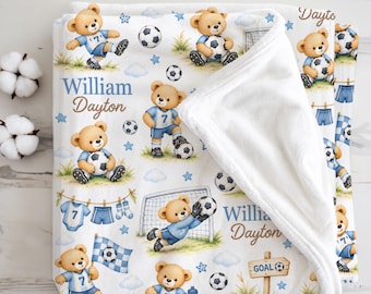 Manta personalizada de fútbol para bebé, osito de peluche deportivo personalizado, regalo para recién nacido niño, baby shower de fútbol, ​​regalo deportivo para guardería de niños pequeños