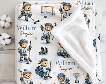 Manta de bebé de hockey personalizada para recién nacido niño, regalo de hockey, manta deportiva para bebé, hockey sobre hielo, deportes vintage, guardería, regalo para niño pequeño
