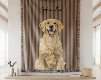Vintage Pet Photo Tapestry Blanket with Custom Name, Striped Personalized Cat and Dog Photo Throw for Cat Moms and Dog Lovers